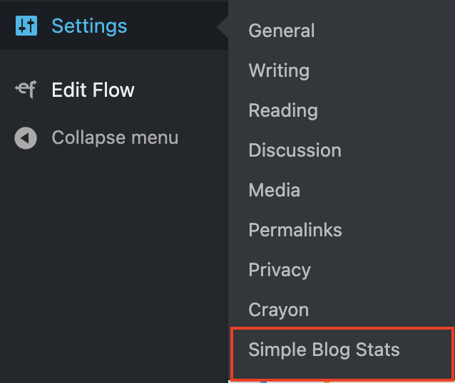 Navigating to the Simple Blog Stats plugin